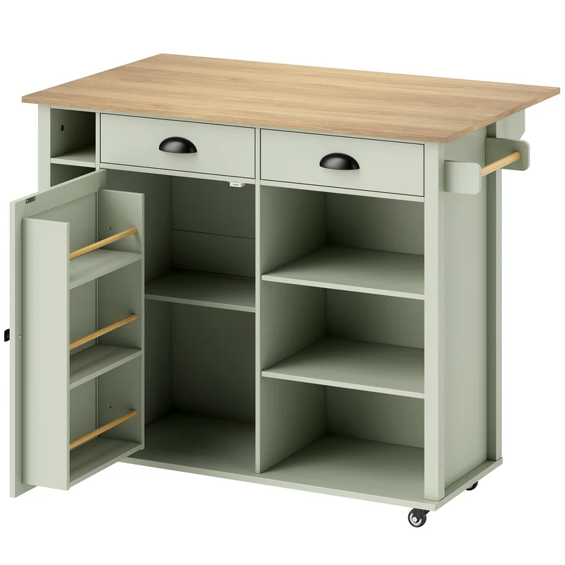 Îlot central cuisine plateau pliant 117.5 x 70 x 91 cm rangement modulable roulettes moderne minimaliste en MDF vert 21_0001069