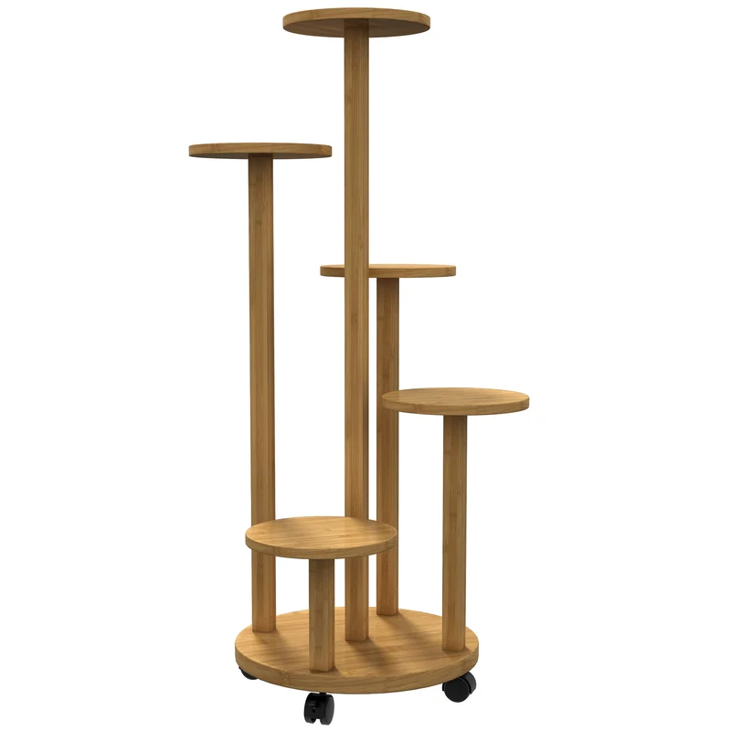 Étagère à plantes 5 niveaux 33 x 33 x 90 cm gain de place pour balcon à roulettes scandinave en bambou bois naturel 21_0005454