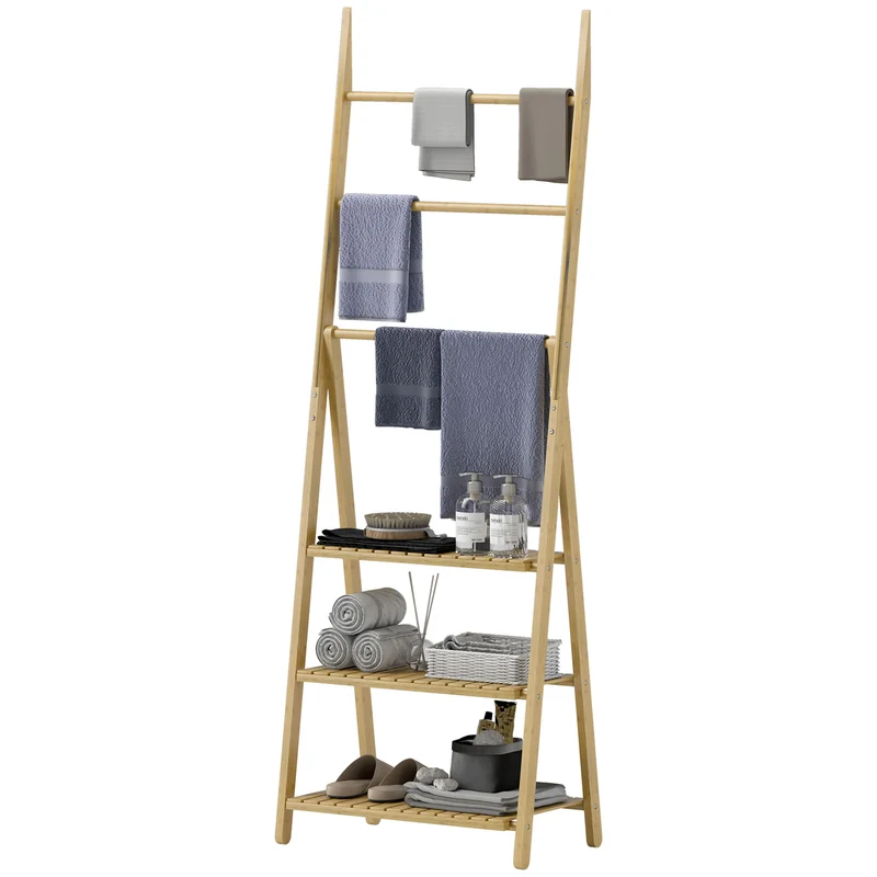 Étagère salle de bain échelle pliant 53.5 x 30 x 153 cm 3 niveaux porte serviettes design moderne en bambou bois naturel 21_0002036
