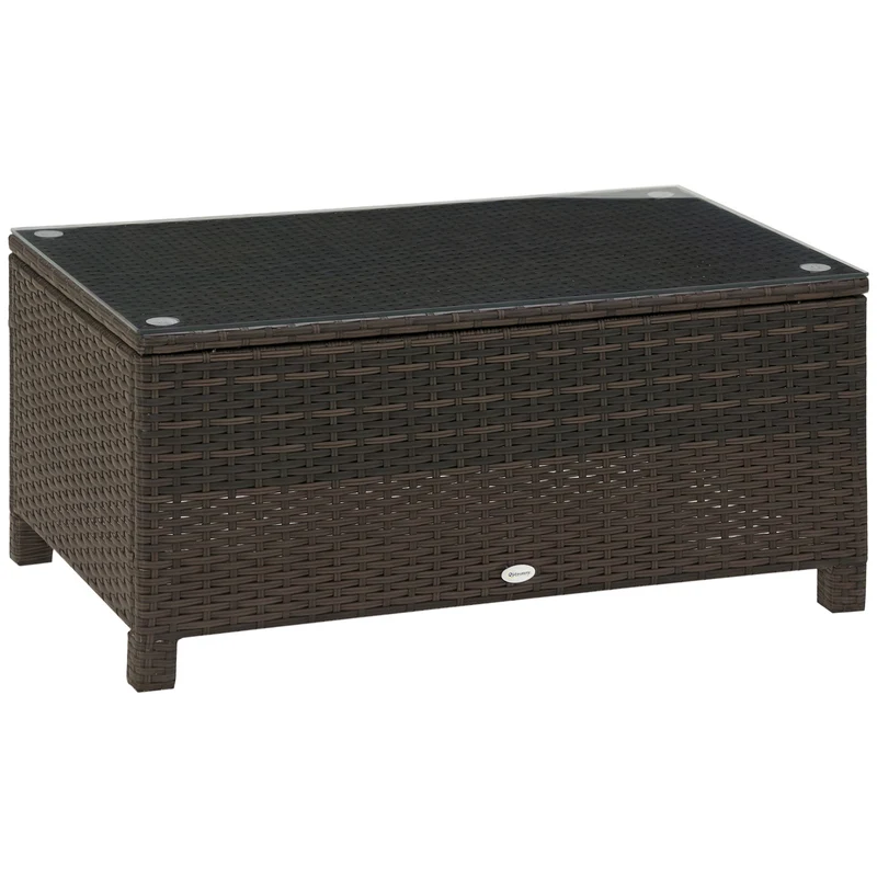 Table basse de jardin plateau en verre trempé 85 x 50 x 39 cm résistante charge 50 kg style moderne en résine marron 21_0000063