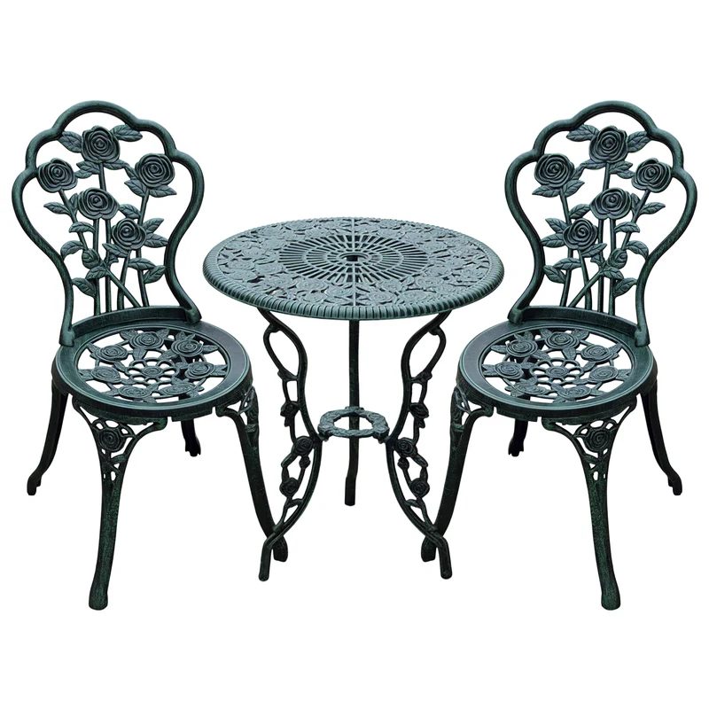 Salon de jardin 2 places 60 x 60 x 69 cm espace pour parasol antidérapant vintage en fonte d'aluminium vert vieilli 21_0000066