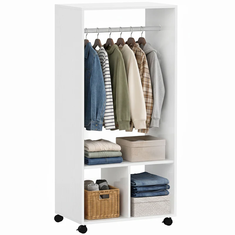 Armoire penderie compacte 60 x 40 x 128 cm étagère intégrée roulettes frein montage style moderne en mélaminé blanc 21_0000083