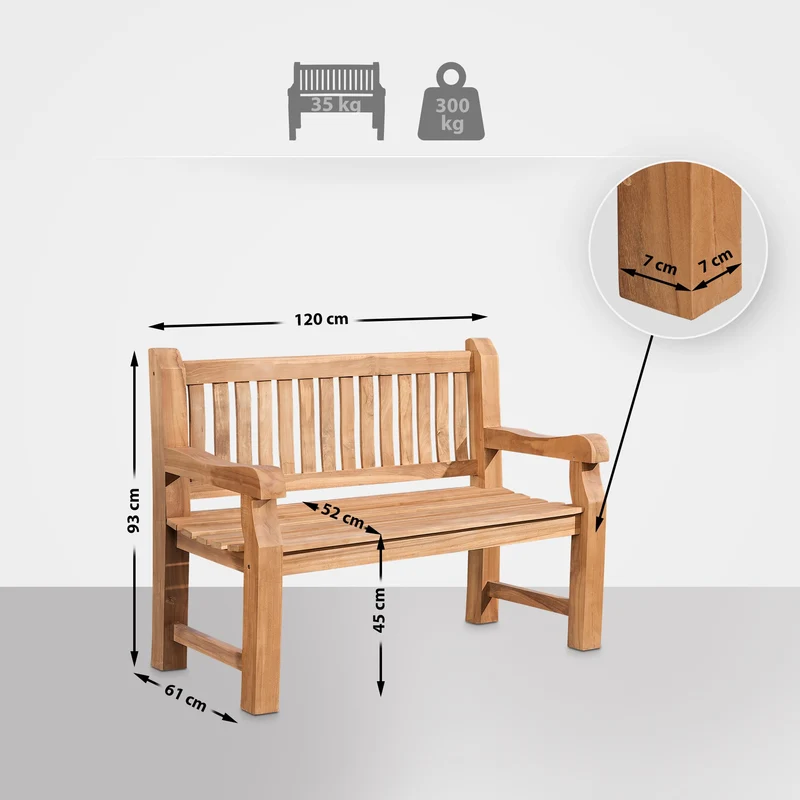Banc de jardin dossier à lattes droites 120 cm en bois de teck avec accoudoirs et housse de protection incluse 10_0007967