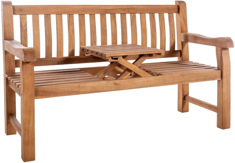 Banc de jardin avec accoudoirs dossier à lattes verticales 150 cm en bois de teck avec table rabattable centrale – 2 places 10_0007931