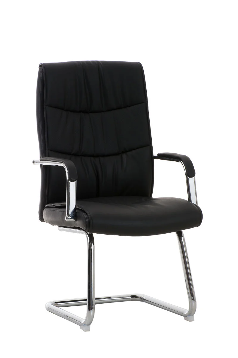 Fauteuil de bureau sans roulettes avec accoudoirs dossier haut en PVC noir pied en métal chromé 10_0001896