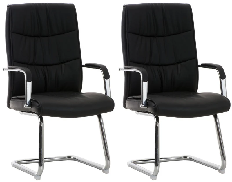 Lot de 2 fauteuils de bureau avec accoudoirs sans roulettes en PVC noir pieds en métal chromé 10_0001692