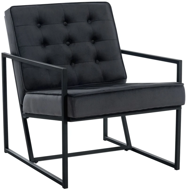 Fauteuil lounge en velours gris et cadre métallique capitonné design minimaliste FAL10546