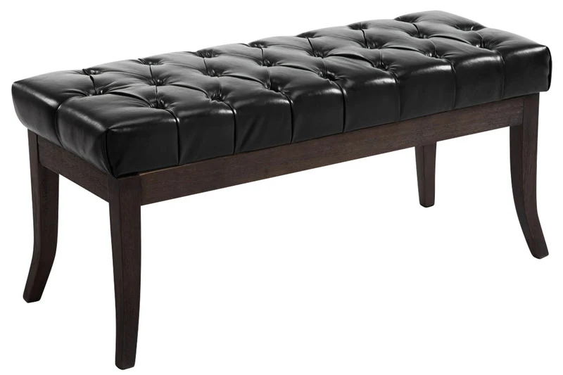Banc design Chesterfield 100 cm avec coutures décoratives PVC noir piétement en bois foncé 10_0003670