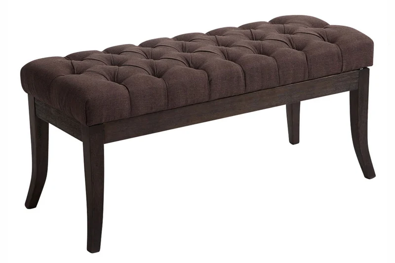 Banc design Chesterfield 100 cm avec coutures décoratives tissu marron piétement en bois foncé 10_0003681