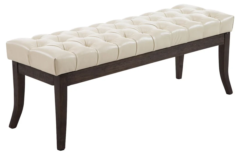 Banc design Chesterfield 120 cm avec coutures décoratives PVC crème piétement en bois foncé 10_0003672