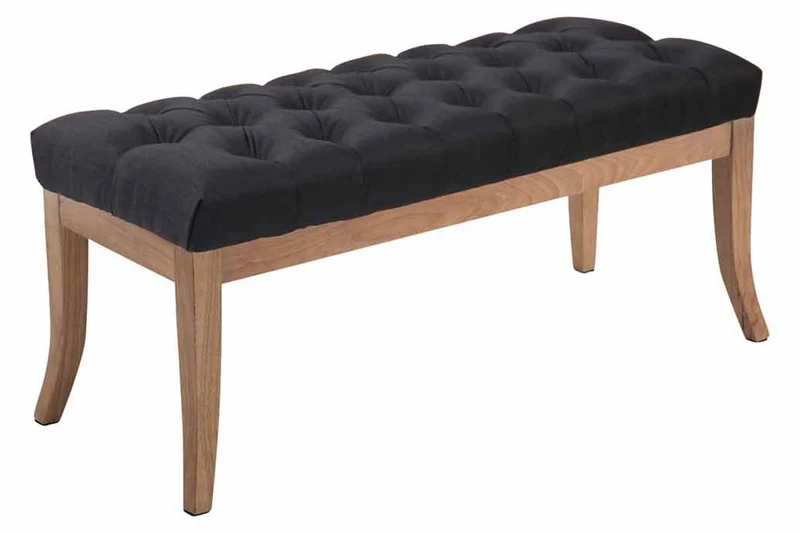 Banc design Chesterfield 100 cm avec coutures décoratives tissu noir piétement en bois clair 10_0003697