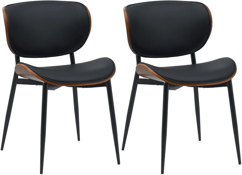 Lot de 2 chaises de salle à manger design en similicuir noir avec coque bois noyer structure métal robuste 10_0008685