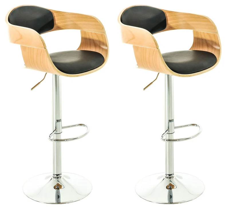 Lot de 2 tabourets de bar design scandinave en PVC noir et structure en bois couleur clair 10_0004246