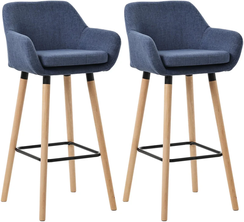 Lot de 2 tabourets de bar lounge design scandinave assise en tissu bleu foncé pieds en bois repose-pieds en métal 10_0004175
