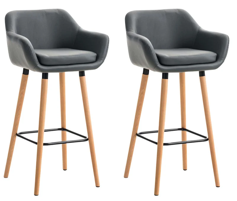 Lot de 2 tabourets de bar chaise haute design scandinave accoudoirs et repose-pied synthétique gris TDB10409