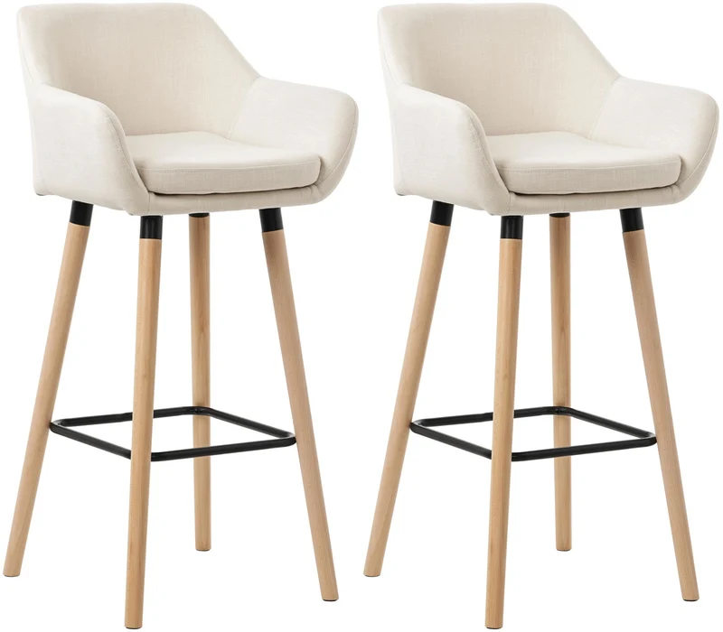 Lot de 2 tabourets de bar lounge design scandinave assise en tissu beige pieds en bois repose-pieds en métal 10_0004172