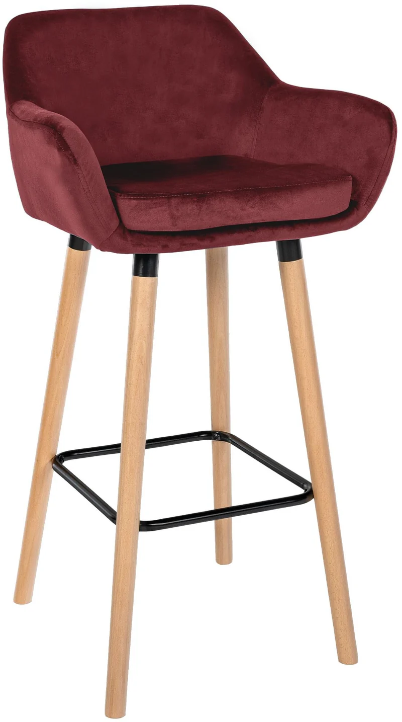 Tabouret de bar x1 design scandinave en velours rouge cadre en bois repose-pieds en métal 10_0006252