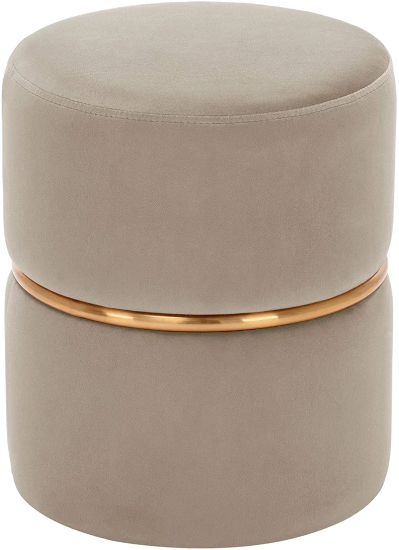 Tabouret rembourré rond pouf collier métallique doré en tissu velours beige TABO09063