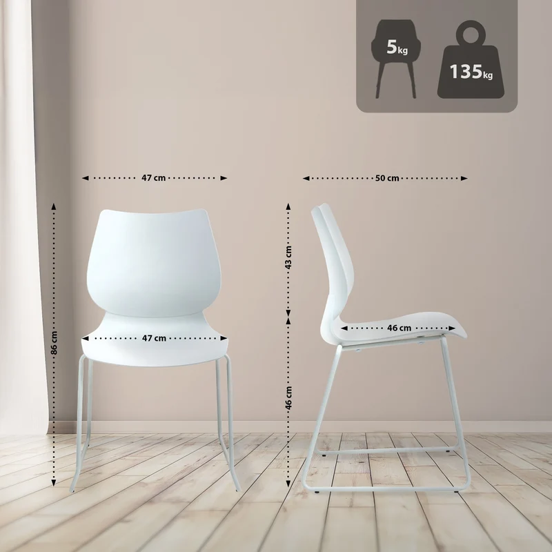 Lot de 2 chaises visiteur conférence bureau salle à manger empilable en plastique blanc et métal 10_0007348