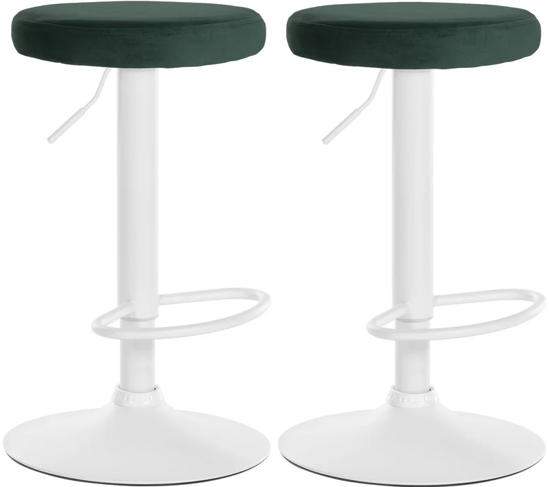 Lot de 2 tabourets de bar avec assise en tissu velours vert et cadre métal blanc TDB10701