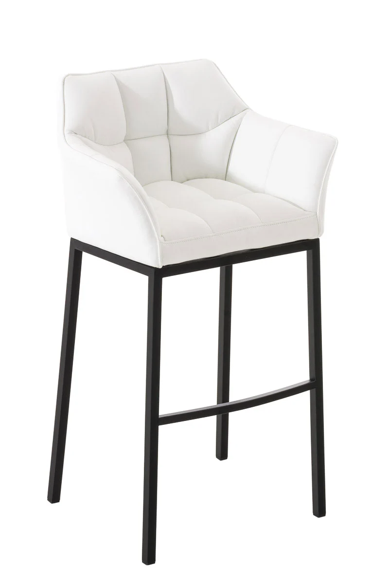 Tabouret de bar chaise haute de comptoir couture carrées assise en PVC blanc 4 pieds stables en métal noir 10_0001175
