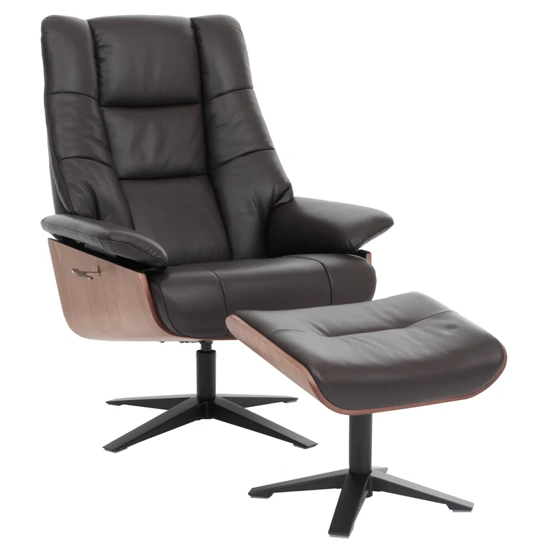 Fauteuil de relaxation avec accoudoirs et repose-pieds en véritable marron et bois 04_0007823