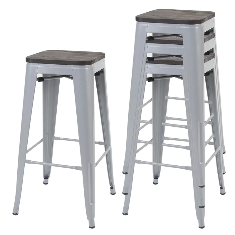 Lot de 4 tabourets de bar assise en bois cadre en métal gris design industriel empilable 04_0007578