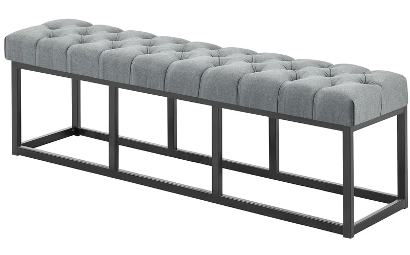 Banc capitonné rembourré 150 cm tissu gris foncé avec structure en métal noir design contemporain 10_0008613