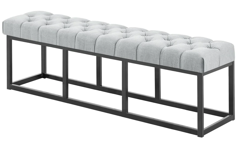 Banc capitonné rembourré 150 cm tissu gris avec structure en métal noir design contemporain 10_0008688