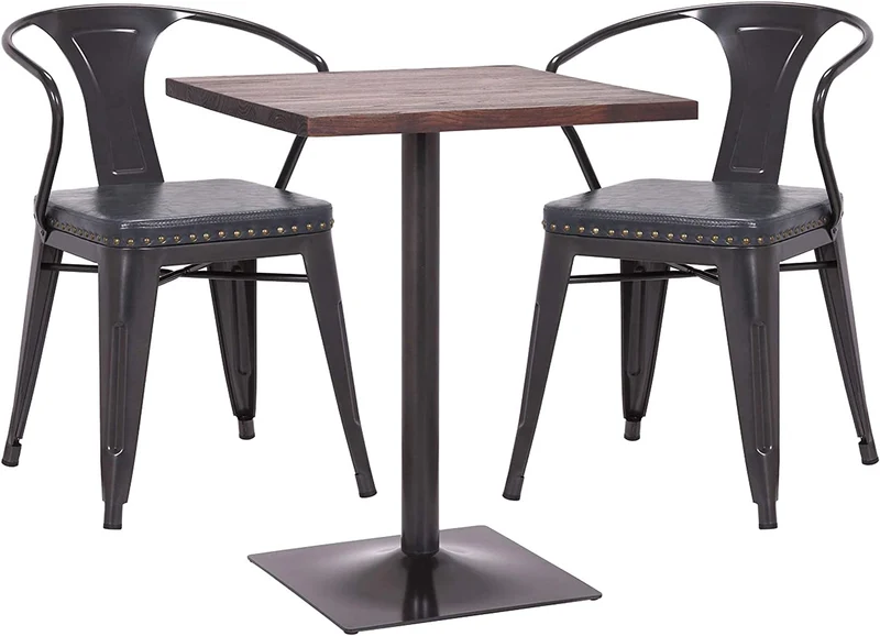 Ensemble table de bistrot 2x chaises en synthétique gris acier noir et table en bois marron foncé design industriel MDJ04188