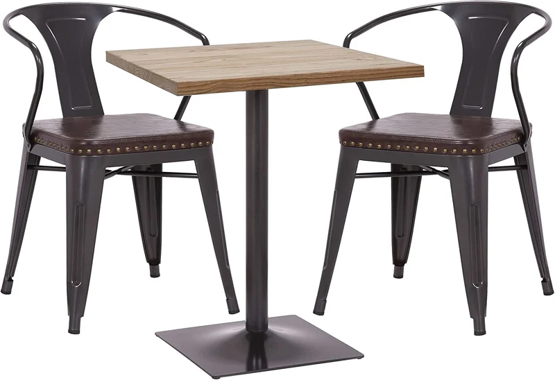 Ensemble table de bistrot 2x chaises en synthétique marron acier noir et table en bois marron clair design industriel MDJ04187