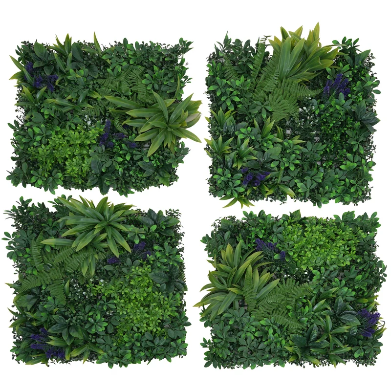 Lot de 4 panneaux muraux végétaux artificiels 1 m² feuillage vert avec fleurs violettes pour intérieur et extérieur polyéthylène 04_0009171