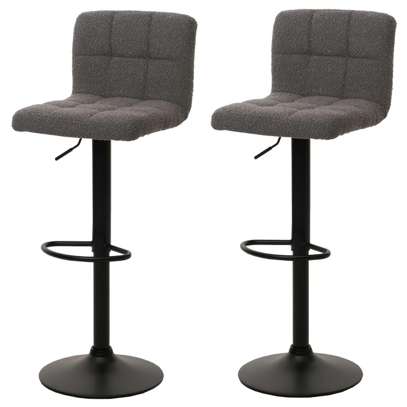 Lot de 2 tabourets de bar réglables pivotants avec repose pieds tissu bouclé gris foncé acier noir mat 04_0009955