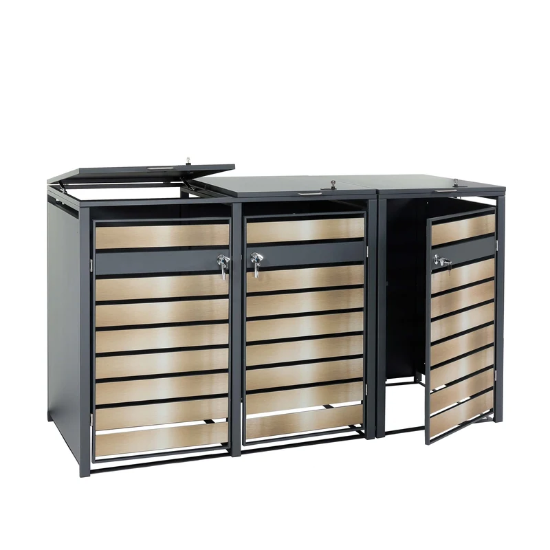 Cache poubelles 3 bacs extensible verrouillable avec ouverture assistée métal anthracite finition or 200x80 cm 04_0006557