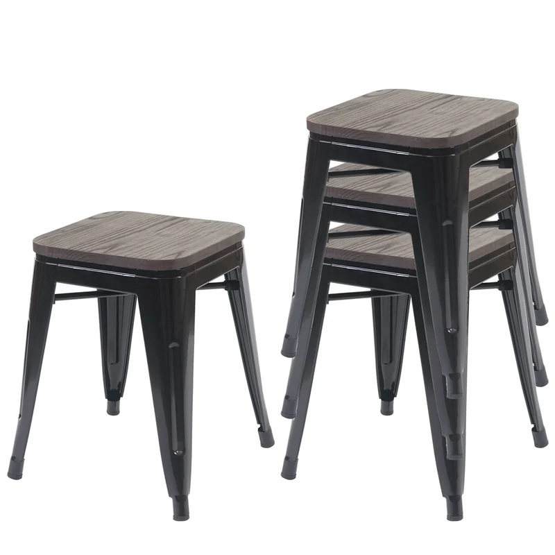 Set de 4 tabourets bas assise en bois cadre en métal noir design industriel empilable 04_0005231