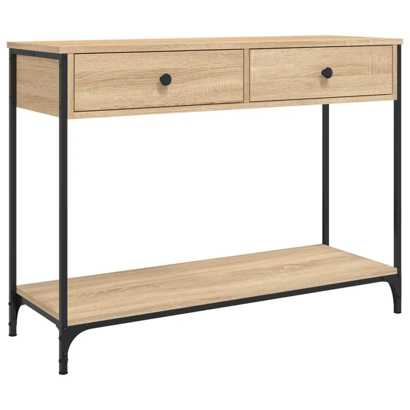 Table d'appoint console pratique avec deux tiroirs pour une entrée organisée 100 x 34,5 x 75 cm bois d'ingénierie couleur chêne et métal DEC031911