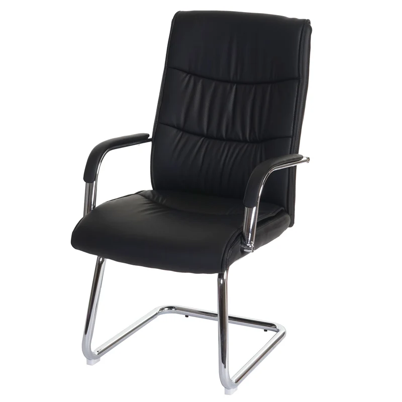 Fauteuil de bureau sans roulettes chaise de conférence avec accoudoirs en PVC noir 04_0001927