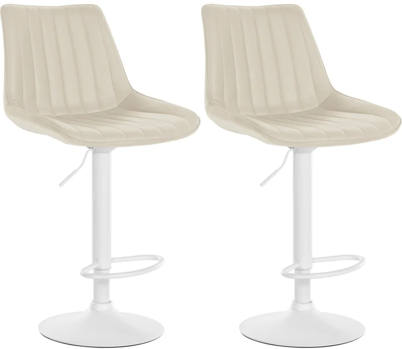 Lot de 2 tabourets de bar réglable en hauteur pivotant à 360° assise en similicuir crème couture verticale pied métal blanc 10_0006777