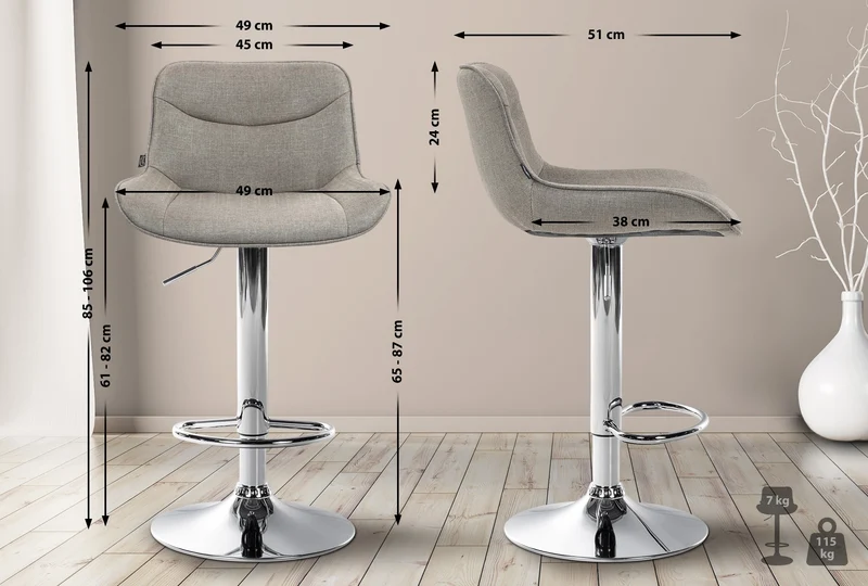 Tabouret de bar x1 pivotant forme ergonomique surpiqûres décoratives en tissu taupe cadre en métal chromé 10_0005769