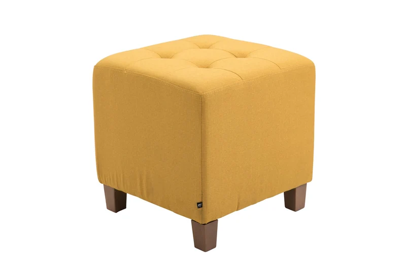 Tabouret bas repose-pieds pouf capitonné en tissu jaune pieds en bois 45x46 cm 10_0000159