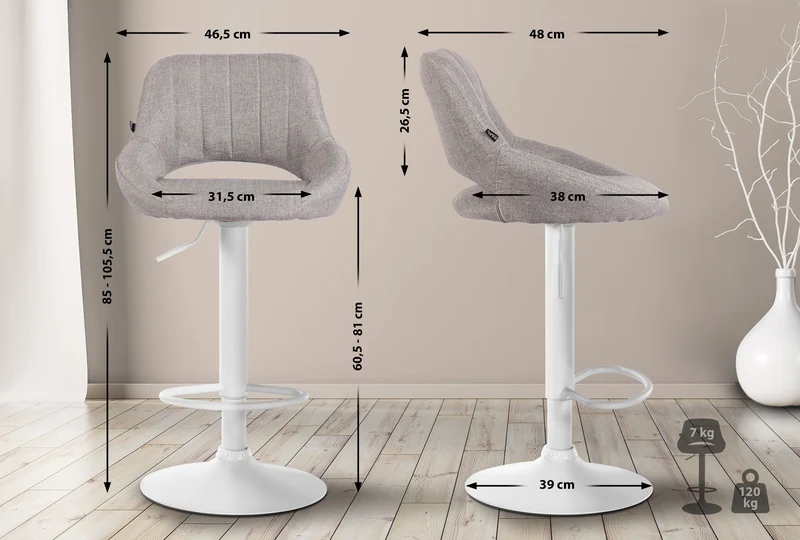 Tabouret de bar x1 réglable en hauteur en tissu gris dossier ajouré et pied métal blanc 10_0005942