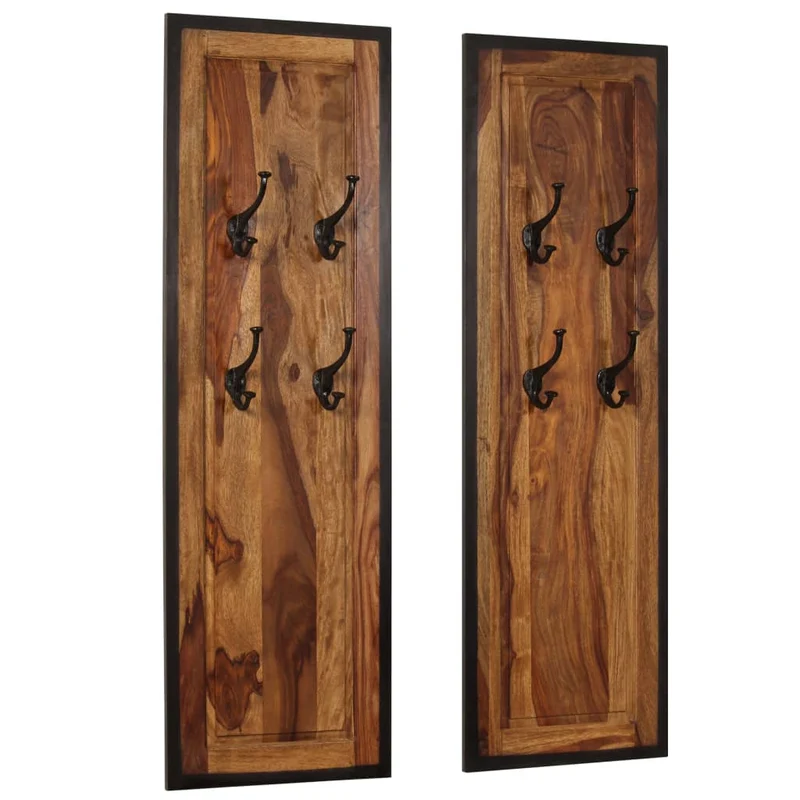 Lot de 2 portemanteaux en bois solide de Sesham 35x110 cm avec 4 crochets par pièce DEC024204