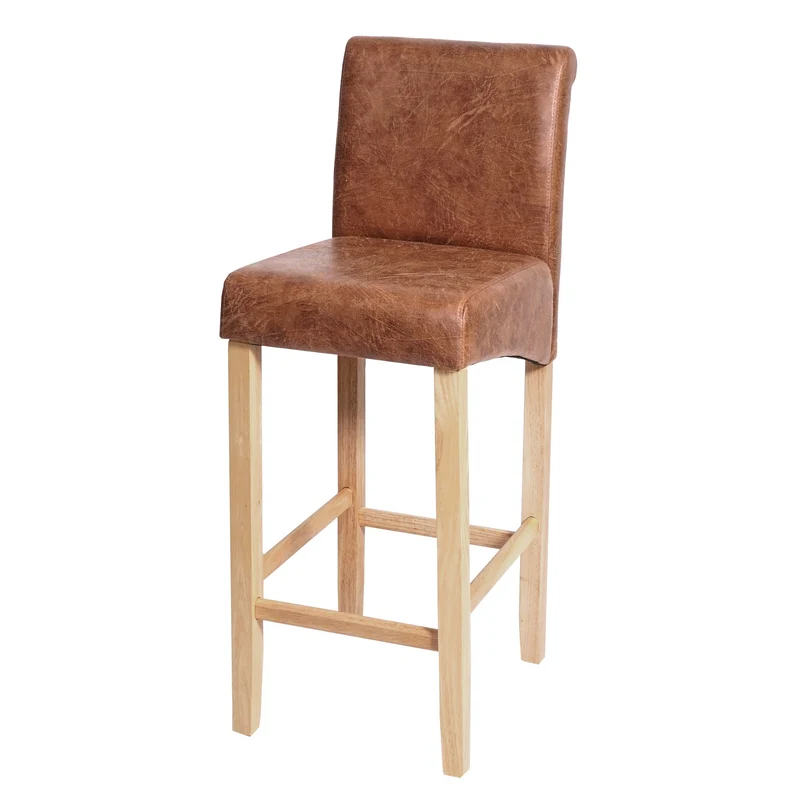 Tabouret de bar rétro avec dossier repose pieds tissu effet daim bois clair 04_0005273