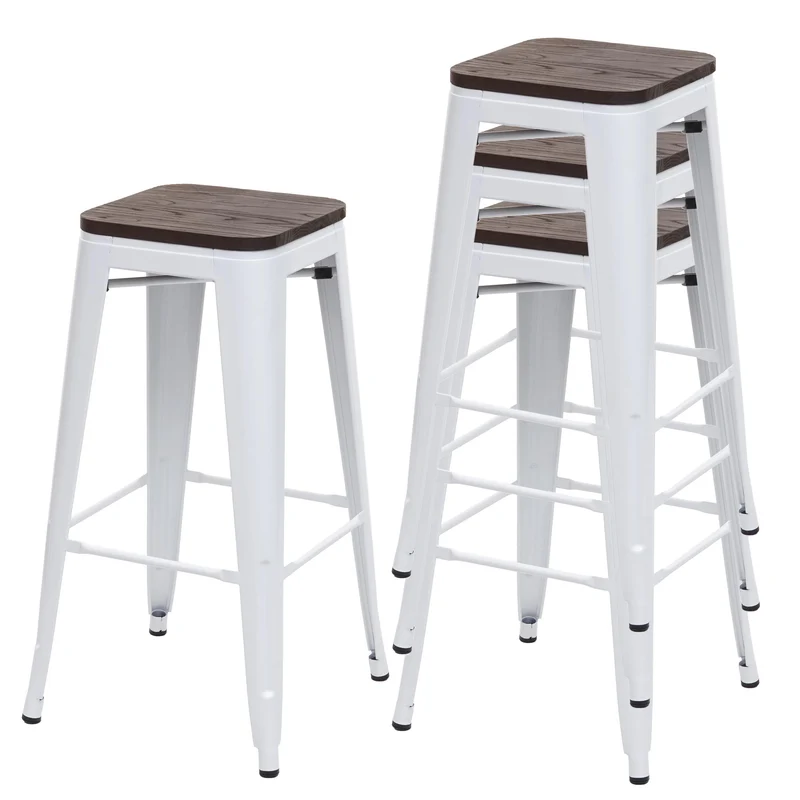 Lot de 4 tabourets de bar assise en bois cadre en métal blanc design industriel empilable 04_0007577