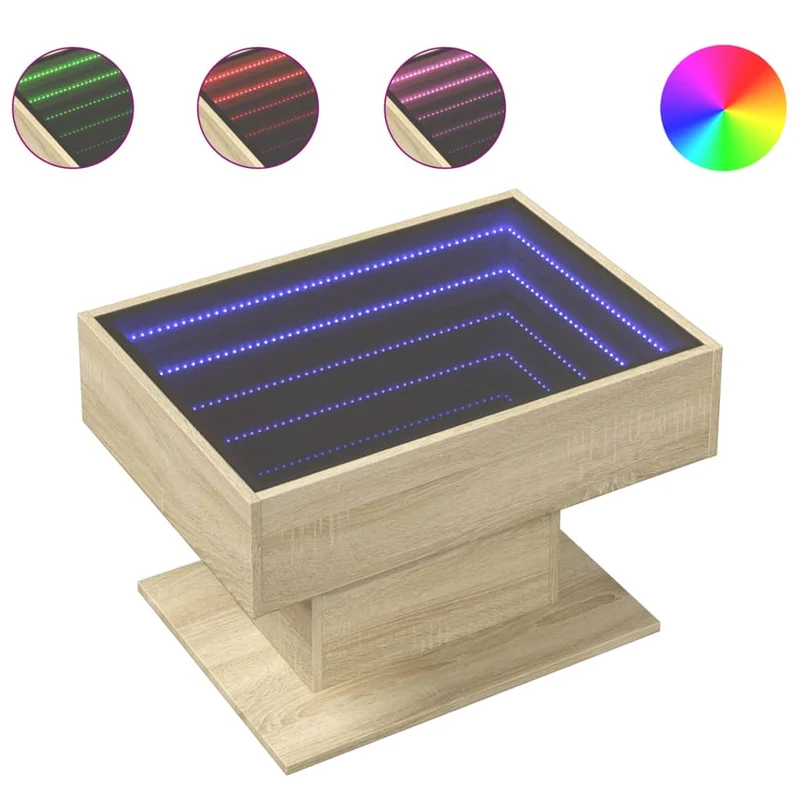 Table basse de salon design moderne avec LED 70 x 50 x 45 cm bois d'ingénierie couleur chêne et verre DEC037419