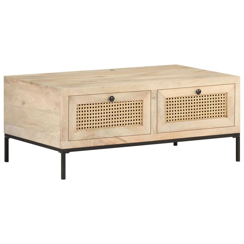 Table basse de salon avec tiroris design rustique 90 x 50 x 37 cm bois de manguier et canne naturelle et acier DEC037230