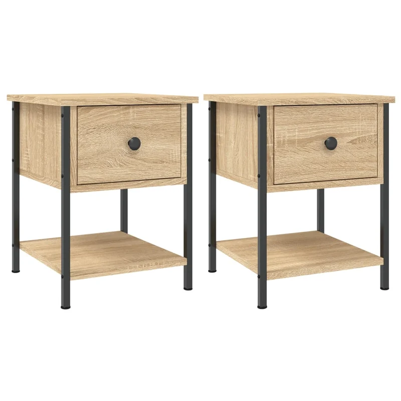 Lot de 2 tables de chevet avec tiroir et étagère 34 x 35,5 x 45 cm bois d'ingénierie couleur chêne et fer DEC035220