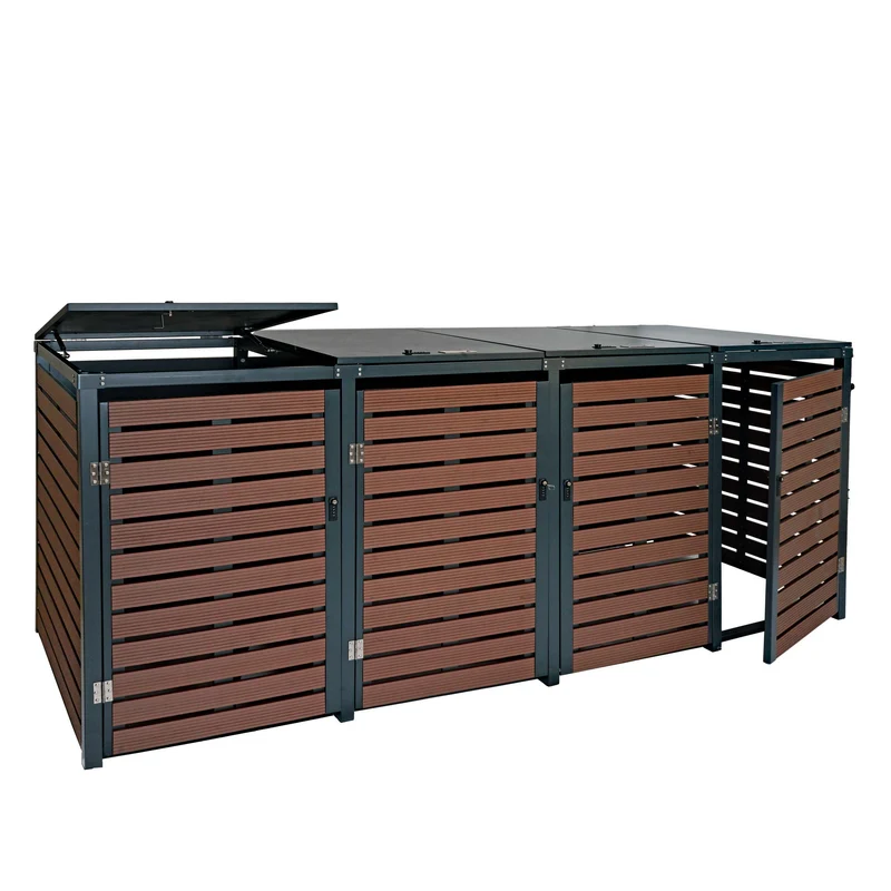 Cache poubelles 4 bacs avec couvercles vérins à gaz et serrures à code 119x264x84 cm WPC aspect noyer métal galvanisé 04_0007564