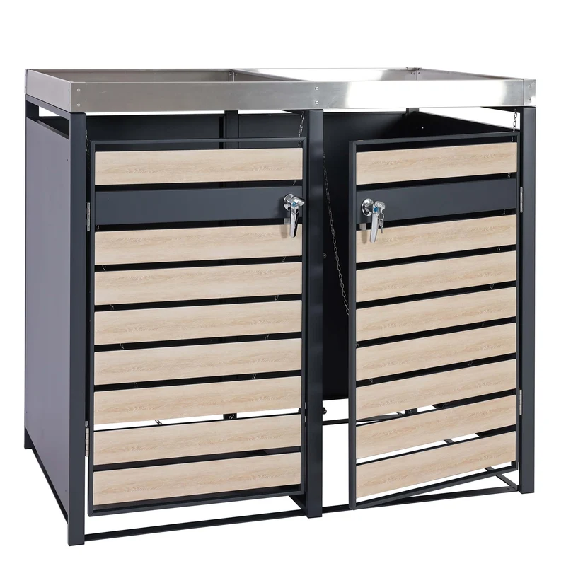 Cache poubelles 2 bacs avec bac à fleurs extensible métal anthracite aspect bois hêtre 125x132x80 cm 04_0006992