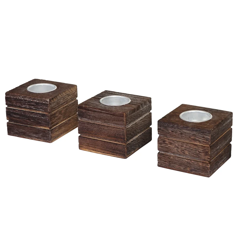 Lot de 3 porte bougies photophores style vintage 7x8x8 cm bois de paulownia marron 04_0011385
